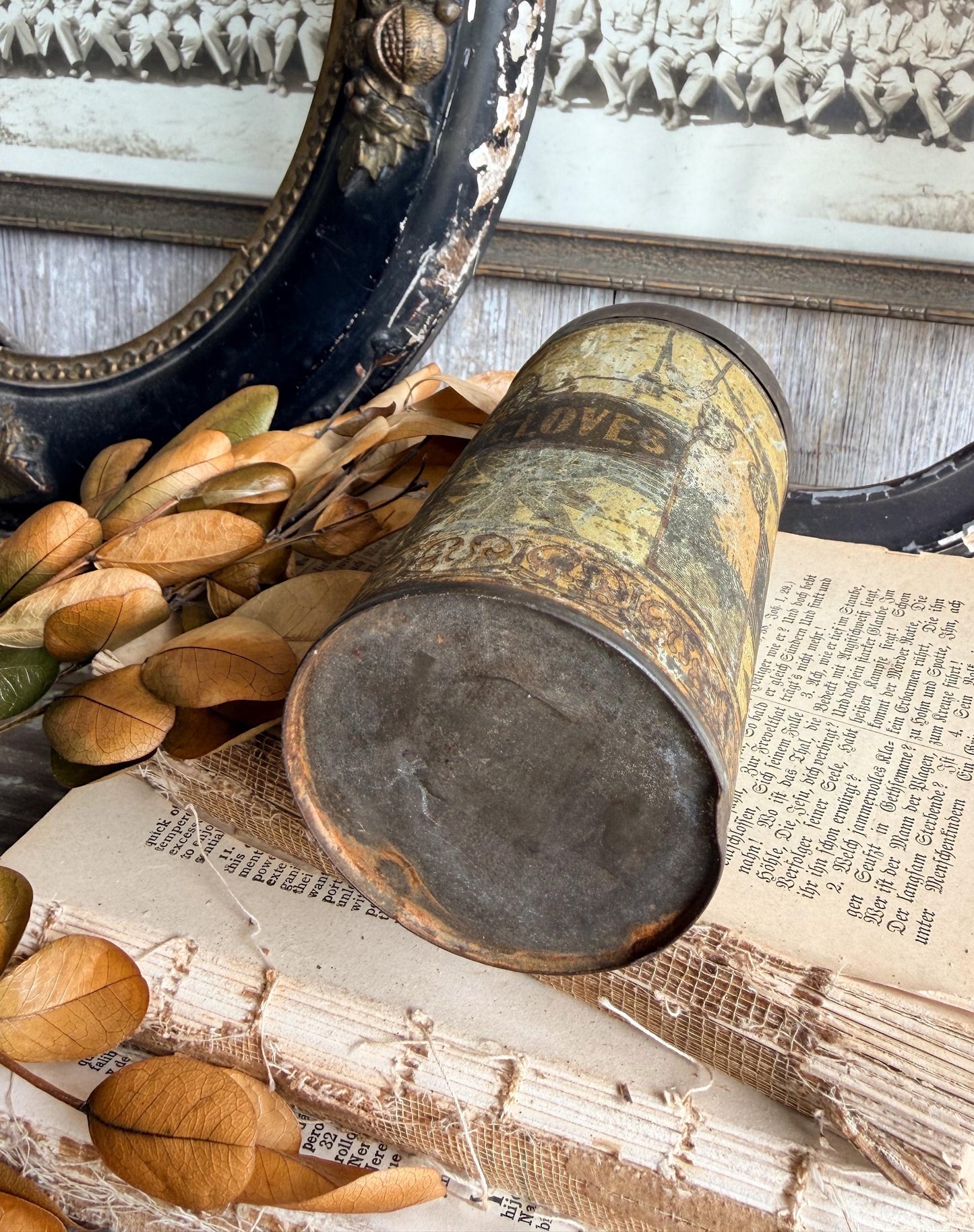 Antique CLOVES Tin Can Farmhouse Decor Industrial Salvage GOLD BLACK