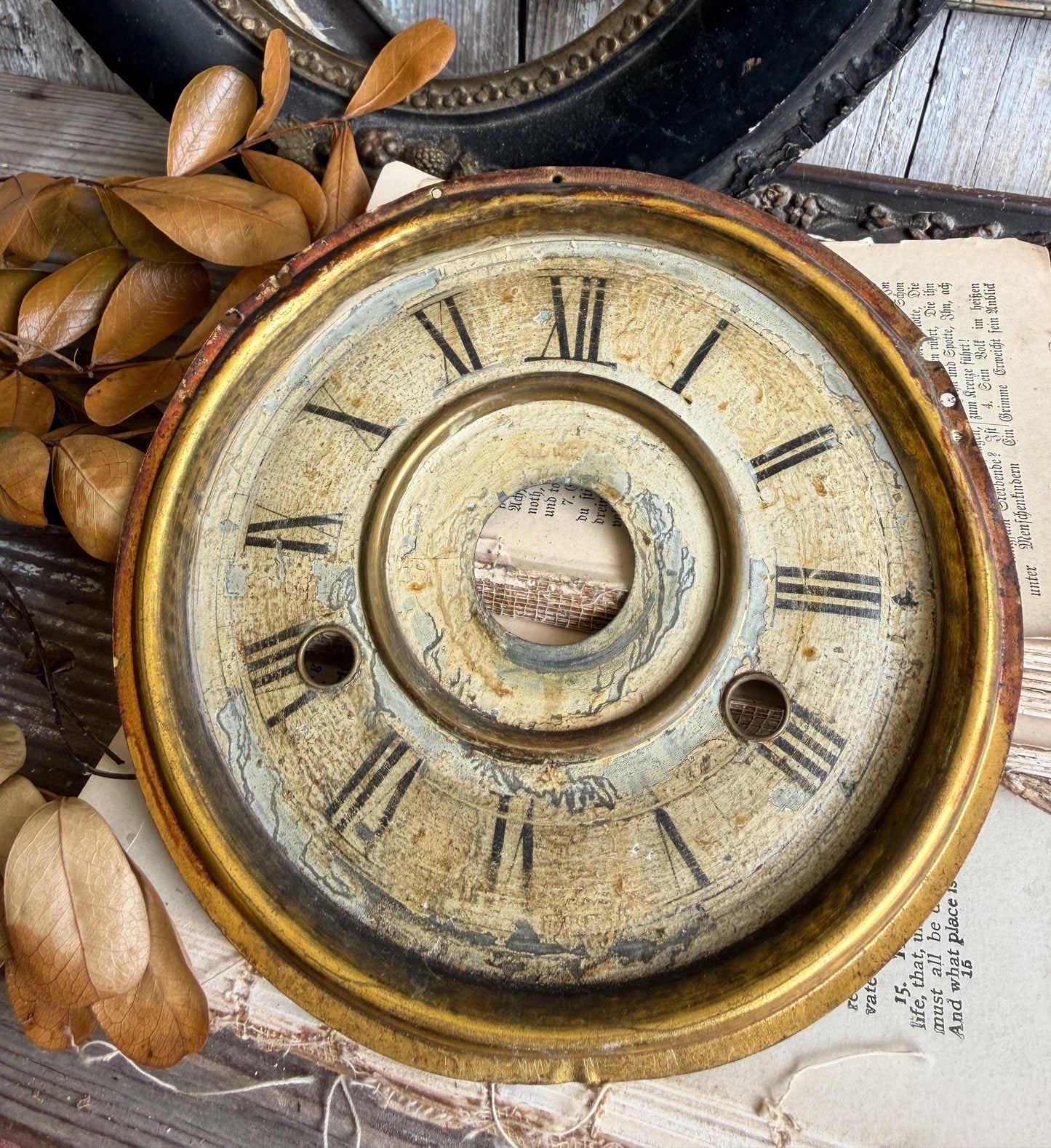 Antique Metal Clock Face Dial Farmhouse Decor Industrial Salvage Brass
