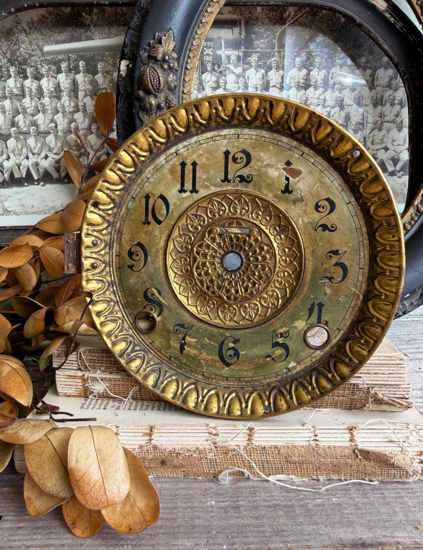 Antique Metal Clock Face Dial Farmhouse Decor Industrial Salvage Brass