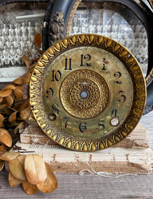 Antique Metal Clock Face Dial Farmhouse Decor Industrial Salvage Brass