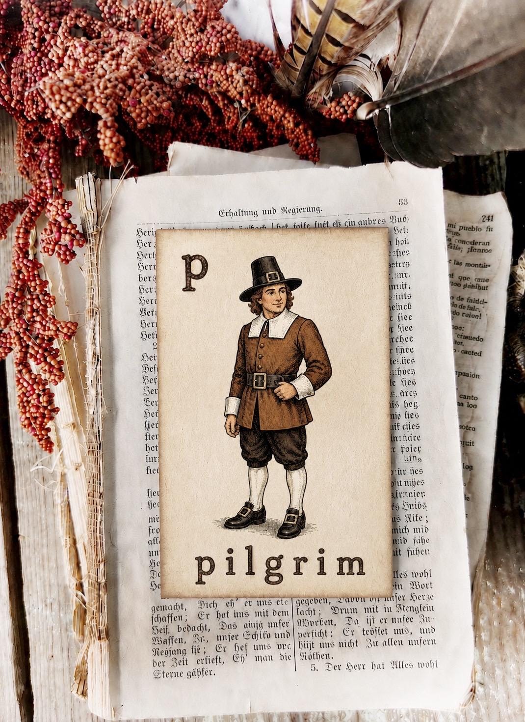 PILGRIM Flash Card Vintage Farmhouse Fall Thanksgiving Autumn Decor Party