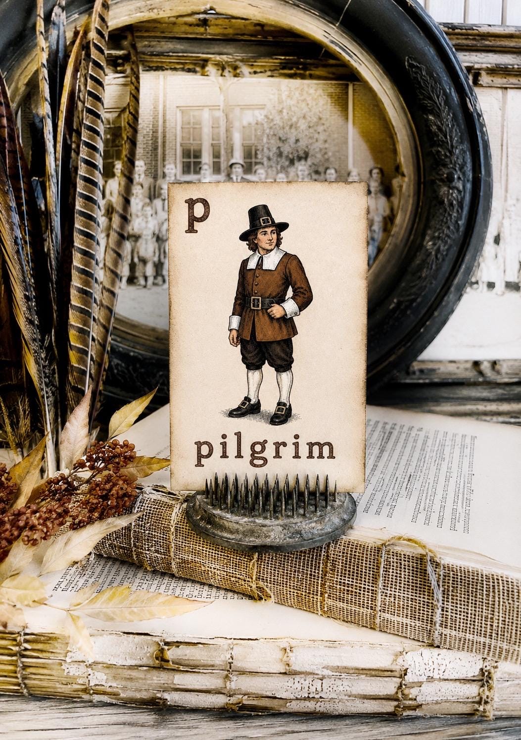 PILGRIM Flash Card Vintage Farmhouse Fall Thanksgiving Autumn Decor Party