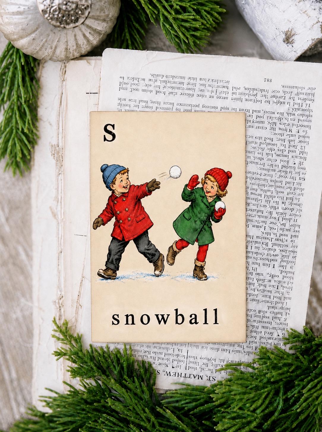 SNOWBALL Flash Card Vintage Winter Christmas Farmhouse Decor Party