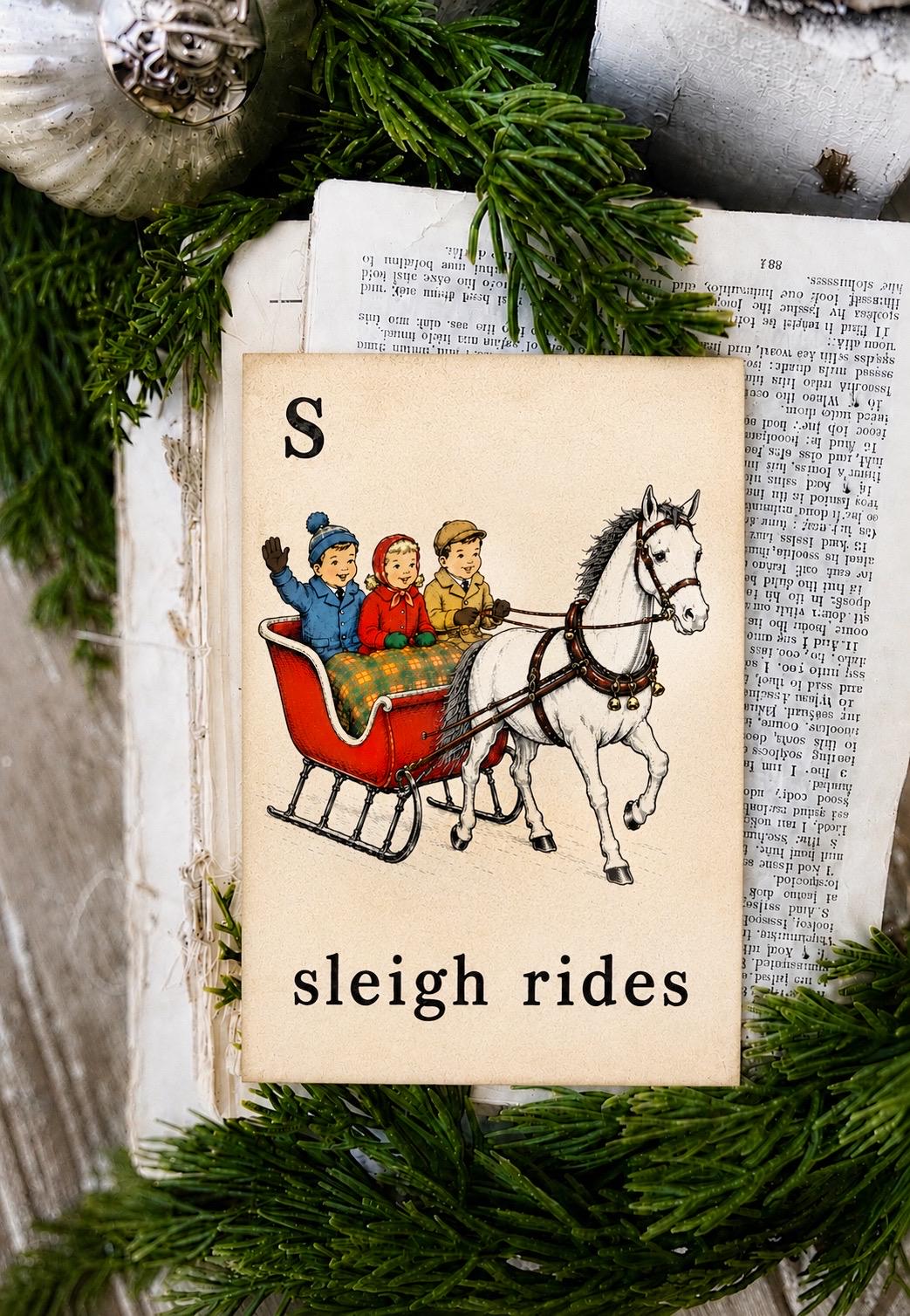 SLEIGH RIDES Flash Card Vintage Christmas Farmhouse Decor Party
