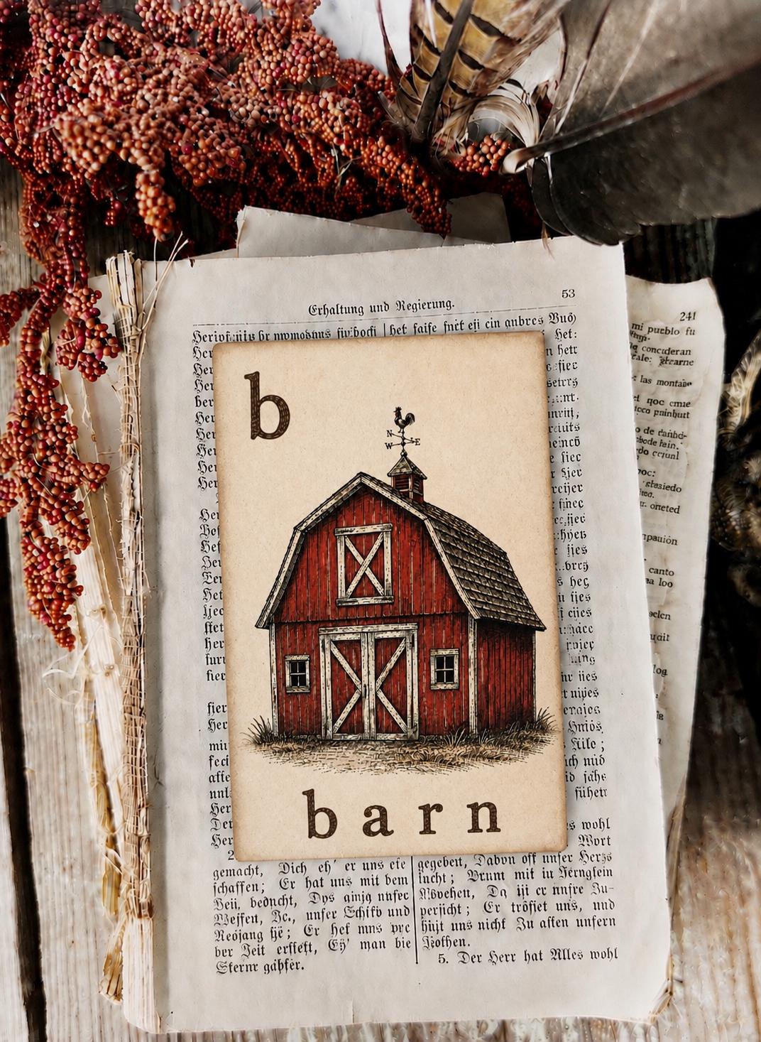 BARN Flash Card Vintage Farmhouse Fall Autumn Farm Country Decor Party