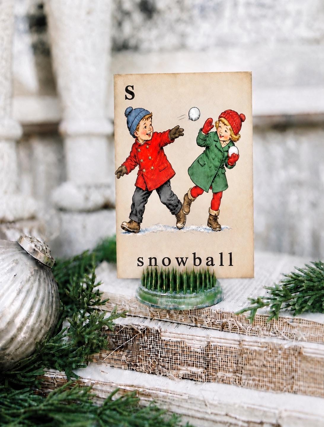SNOWBALL Flash Card Vintage Winter Christmas Farmhouse Decor Party