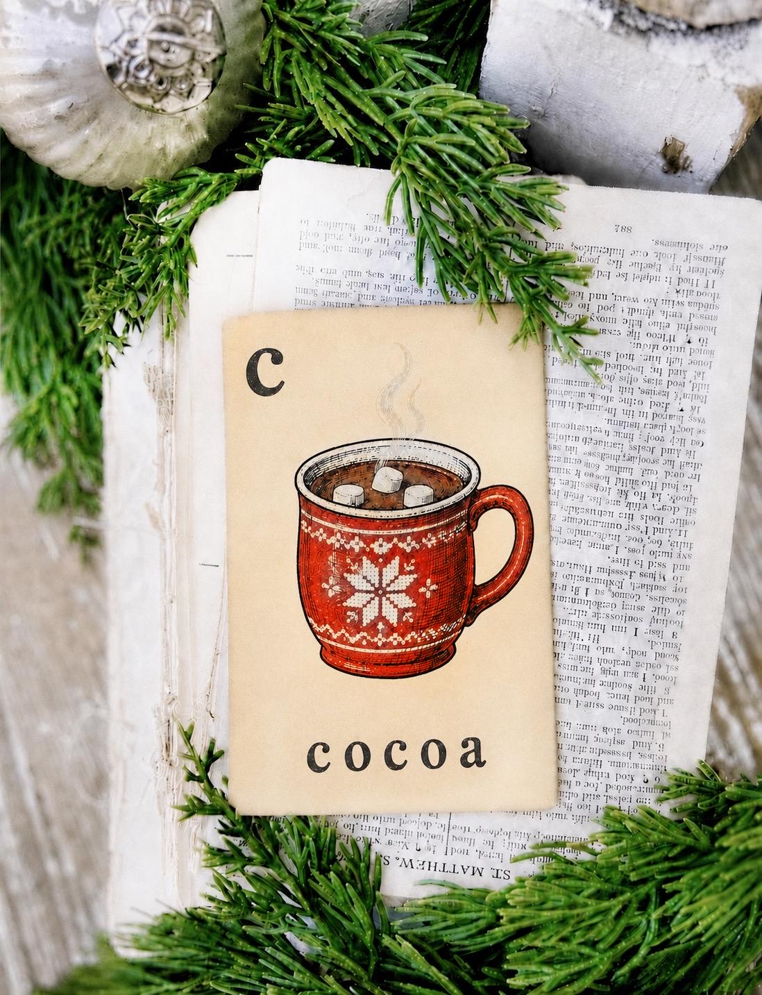 COCOA Flash Card Vintage Winter Christmas Farmhouse Decor Party