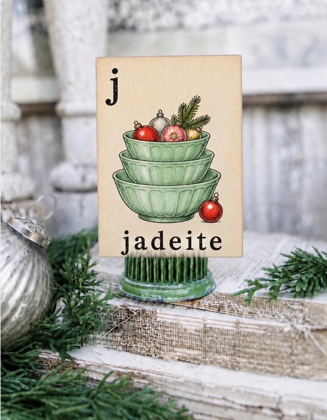 JADEITE Flash Card Vintage Christmas Santa Farmhouse Decor Party Sign