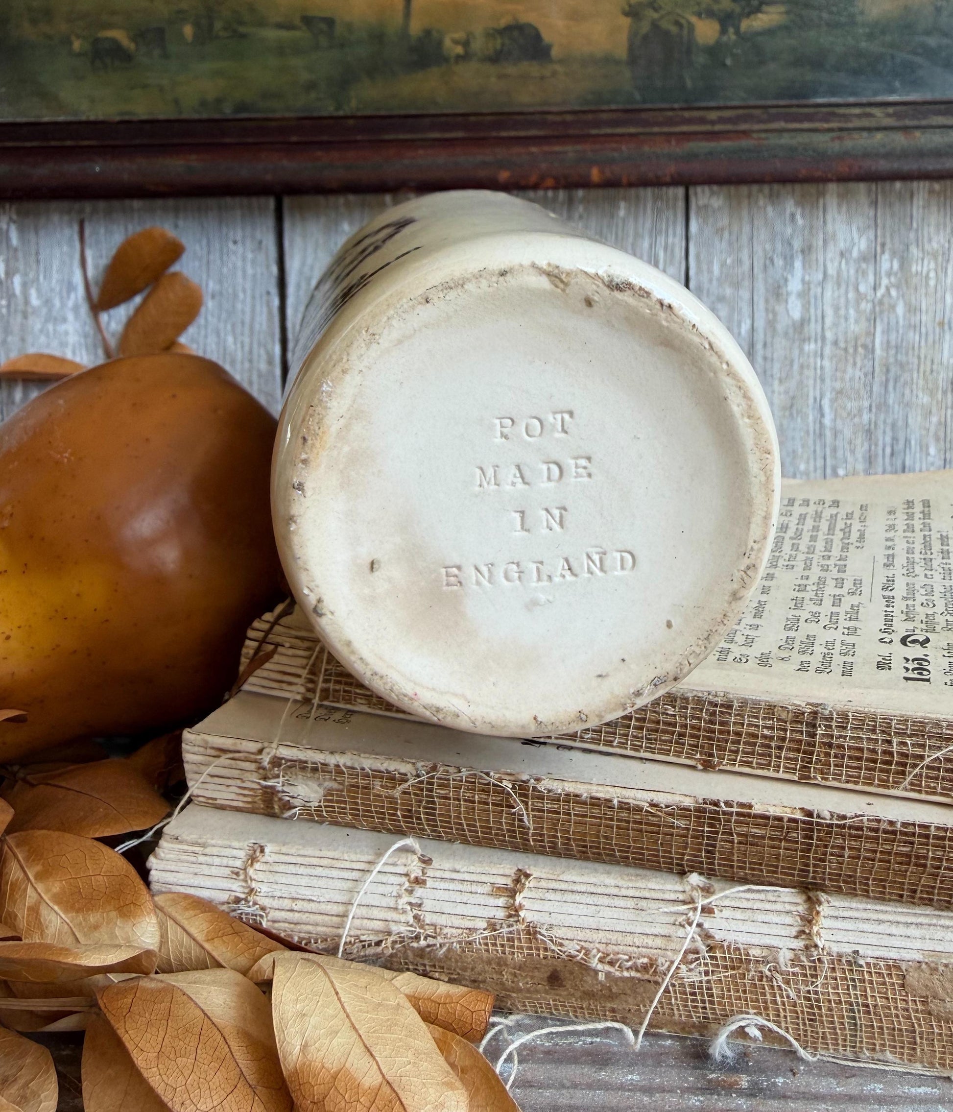 Antique Marmalade IRONSTONE Jar DUNDEE James Keiller HEART Crock Farmhouse Decor England White Black 1 Pound 1797 Maling Crazed Stained