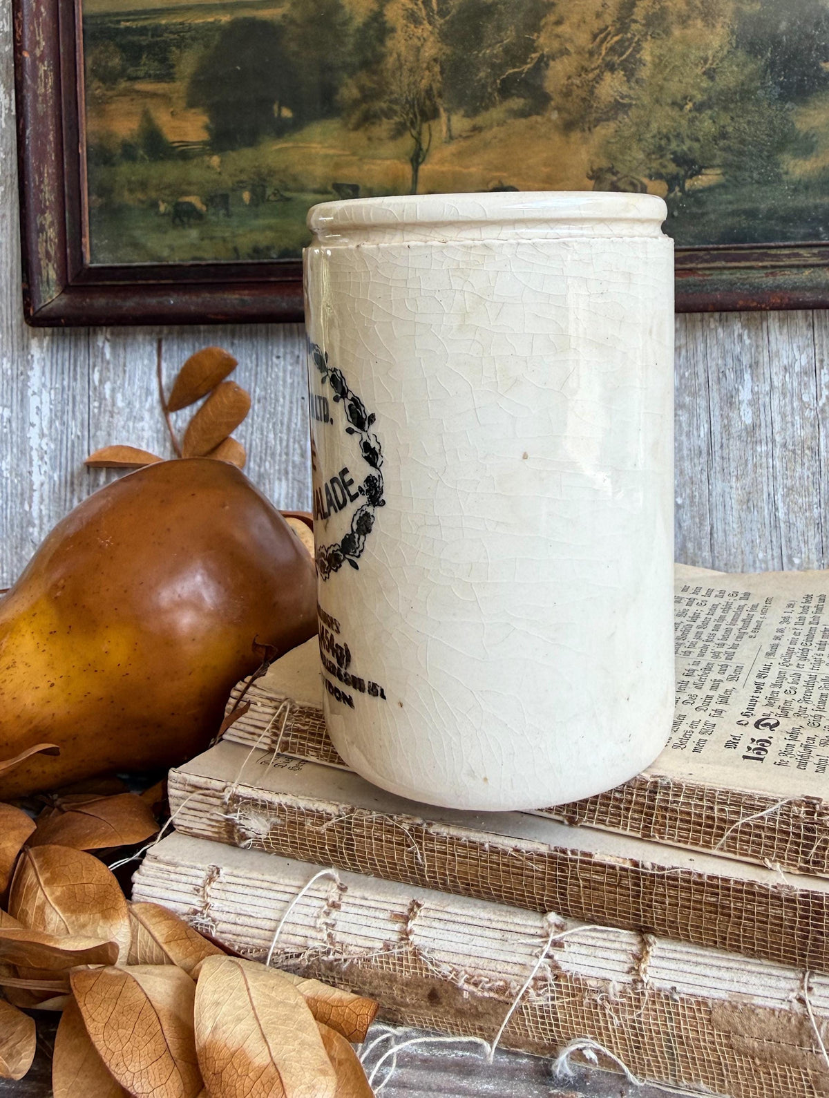 Antique Marmalade IRONSTONE Jar DUNDEE James Keiller HEART Crock Farmhouse Decor England White Black 1 Pound 1797 Maling Crazed Stained