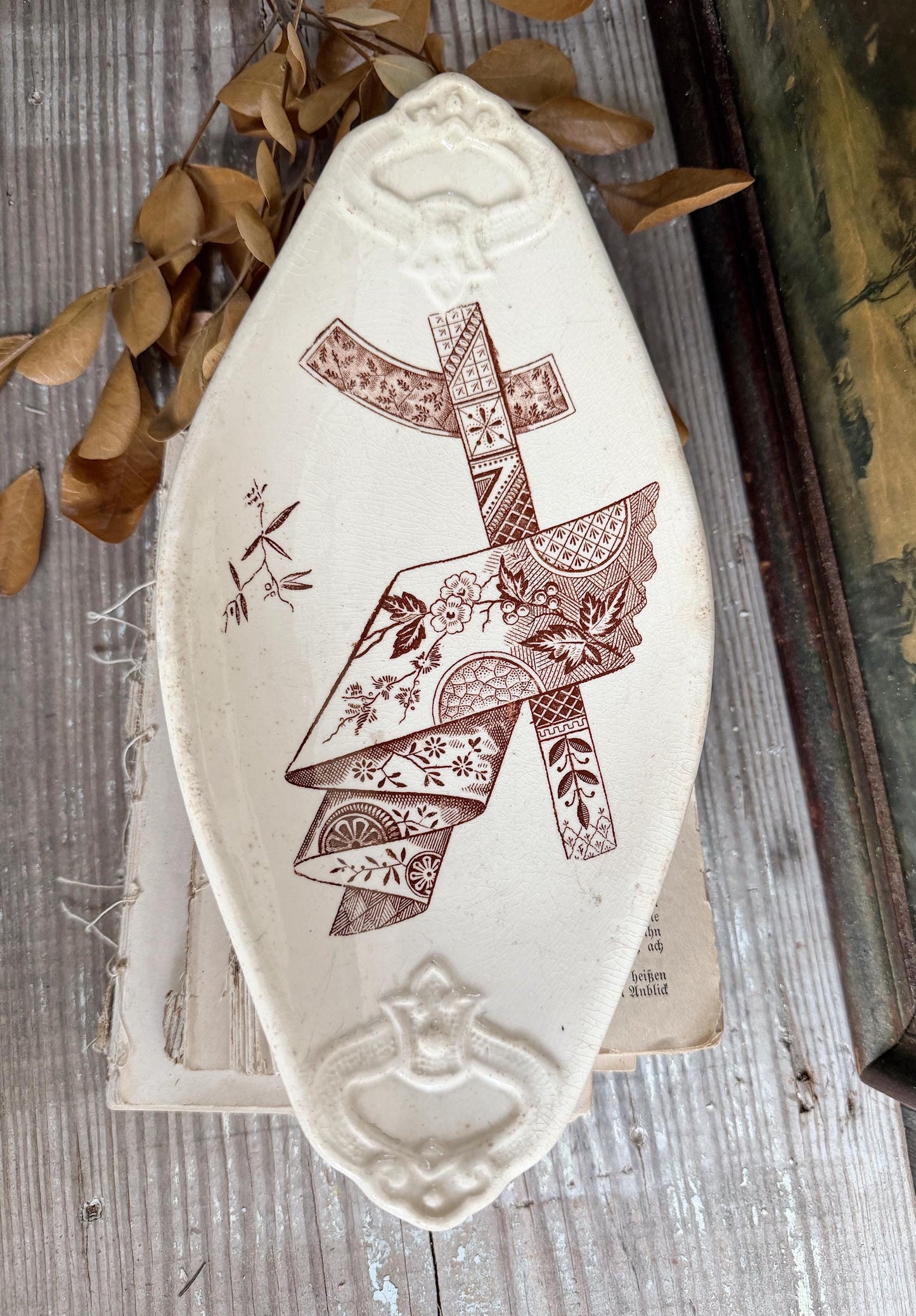 Antique Ironstone Relish Brown Transferware Stratford Soap Dish