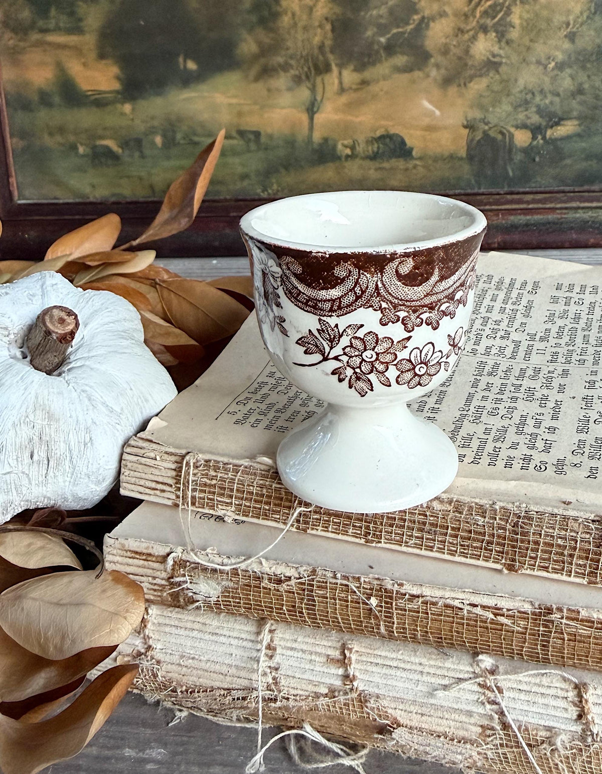 Antique Ironstone Egg Cup Brown Transferware Palissy