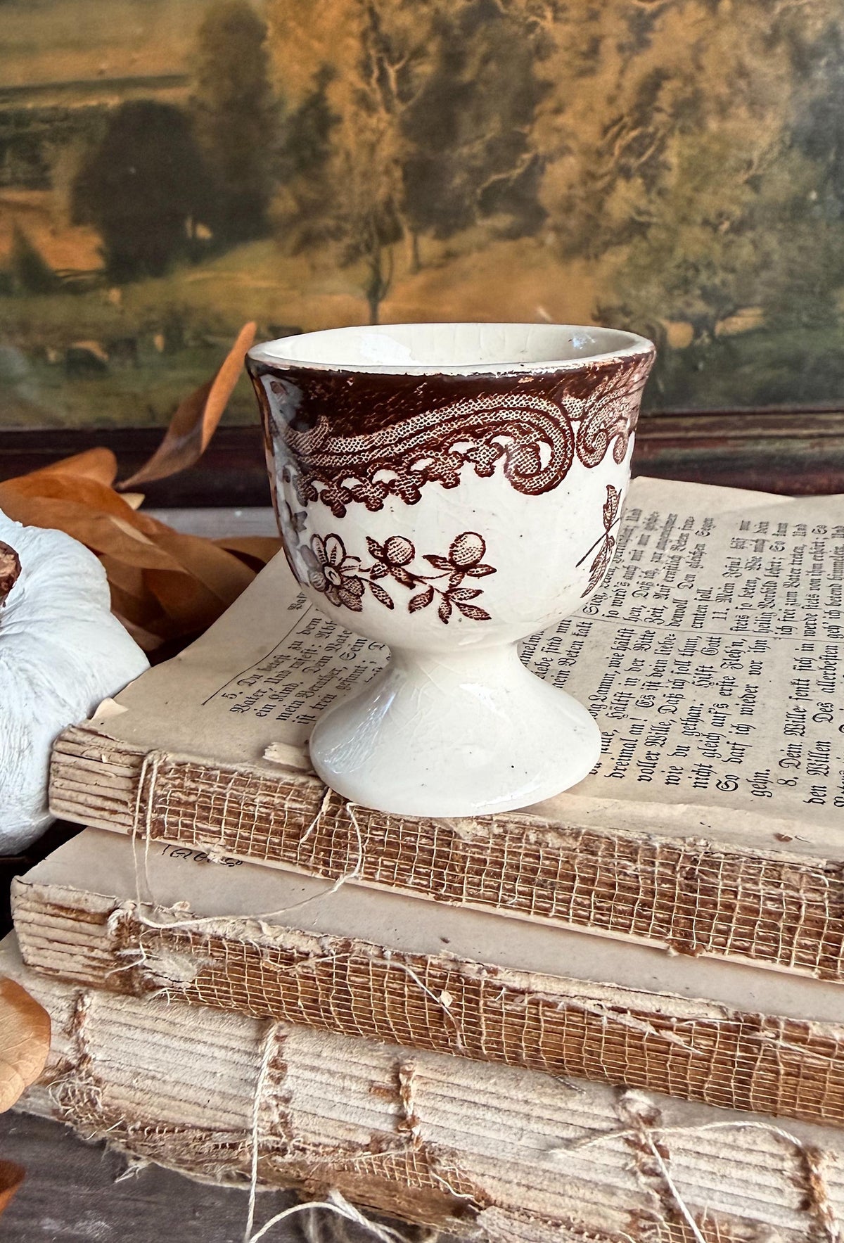 Antique Ironstone Egg Cup Brown Transferware Palissy