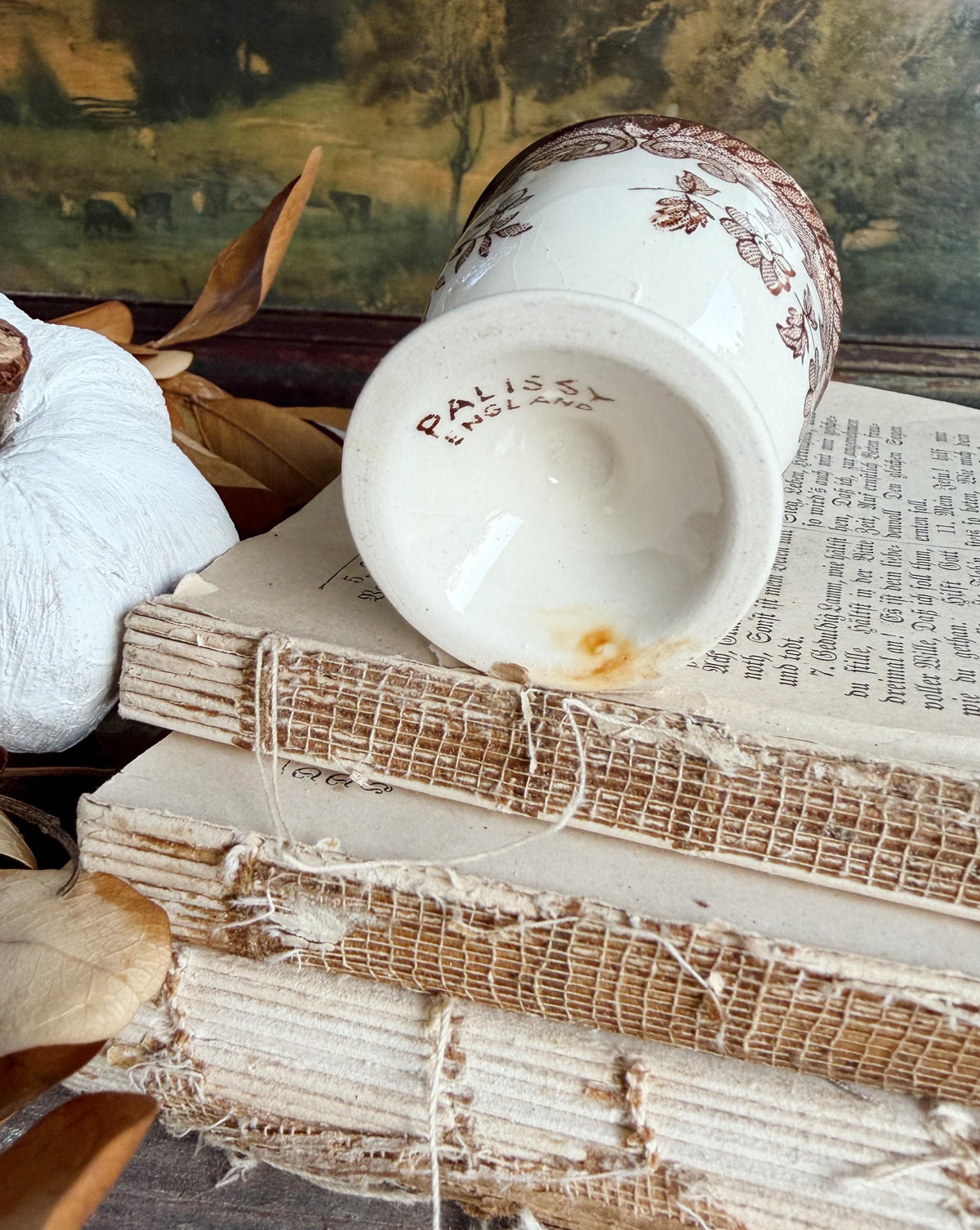 Antique Ironstone Egg Cup Brown Transferware Palissy