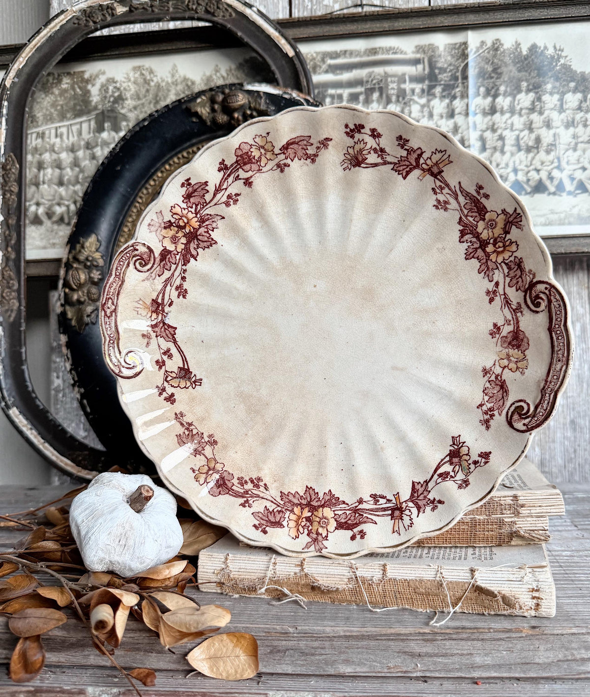 Antique T Furnival & Sons Ironstone Platter, Brown Transferware Floral