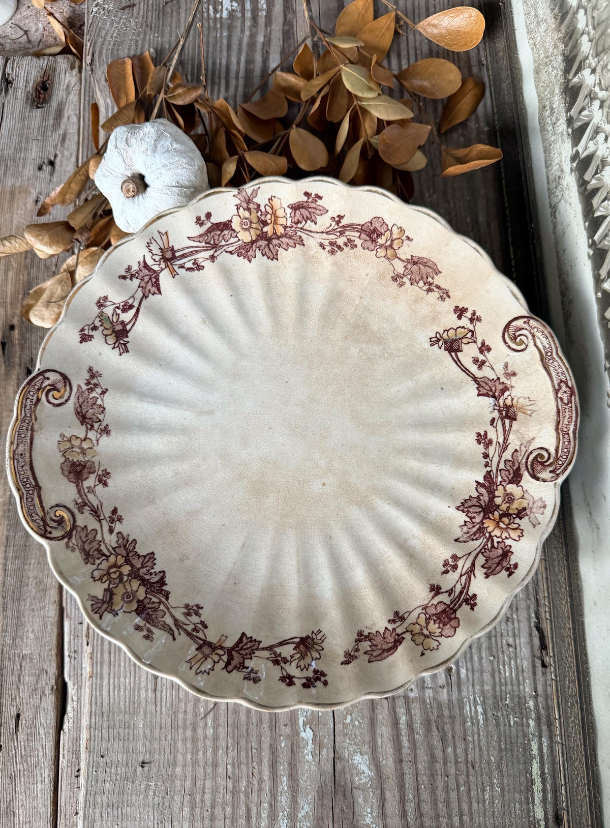 Antique T Furnival & Sons Ironstone Platter, Brown Transferware Floral