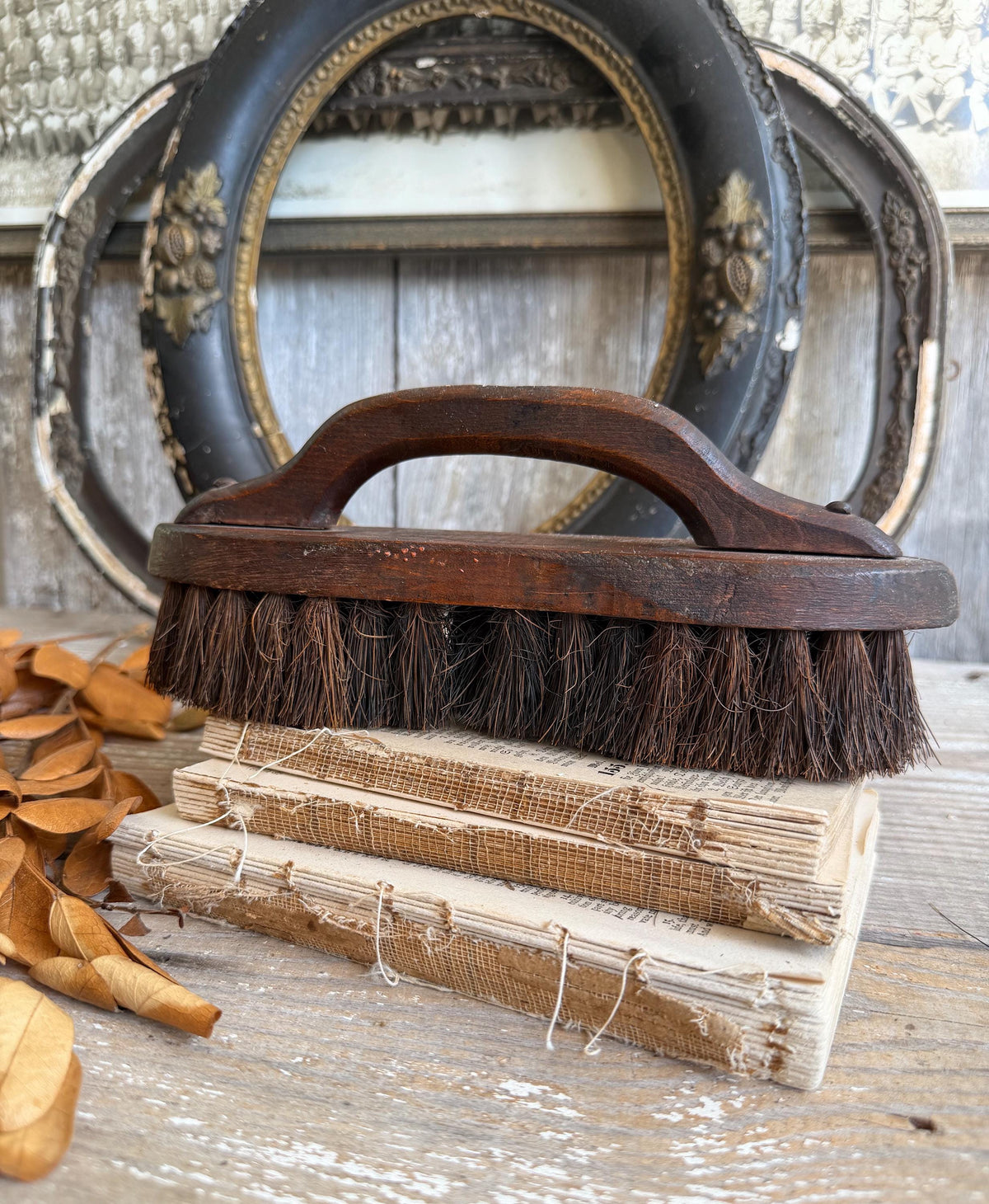 Antique Industrial Salvage Farm Brush Brown Wood Handle Farmhouse Decor
