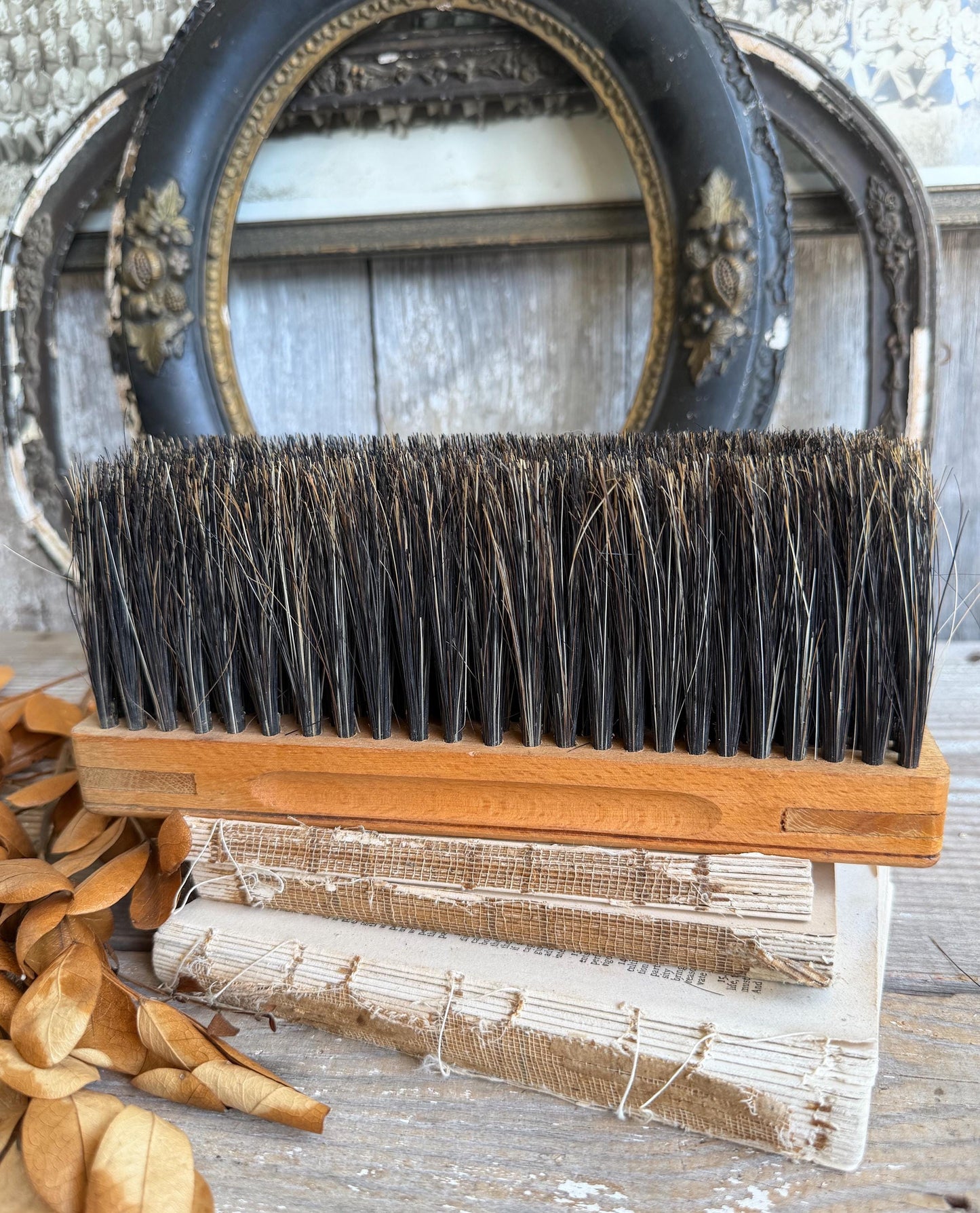 Antique Industrial Salvage Farm Brush Brown Wood Handle Farmhouse Decor