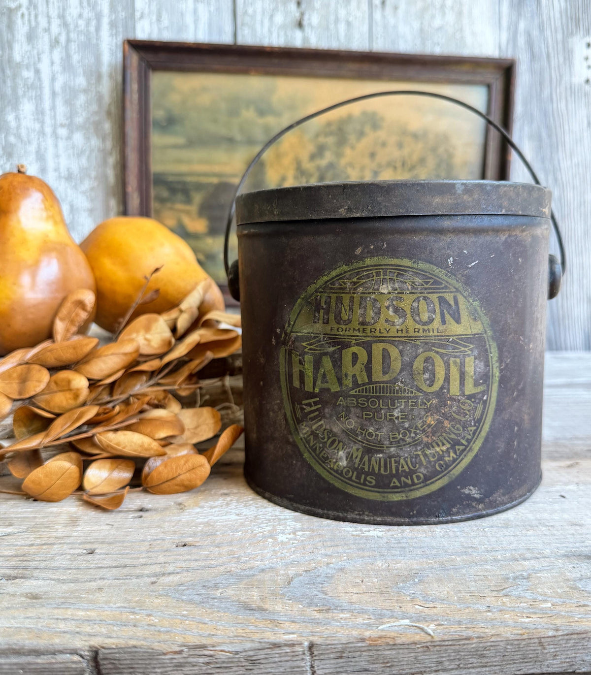 Antique Hudson Hard Oil Can Primitive Advertising Industrial