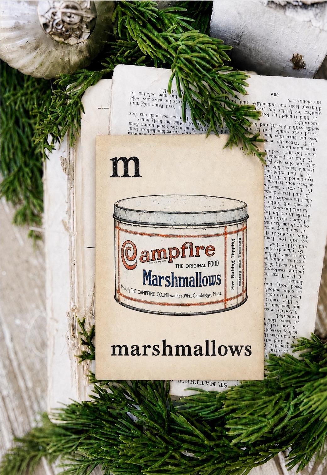 MARSHMALLOWS Campfire Flash Card Vintage Christmas Farmhouse Decor Party