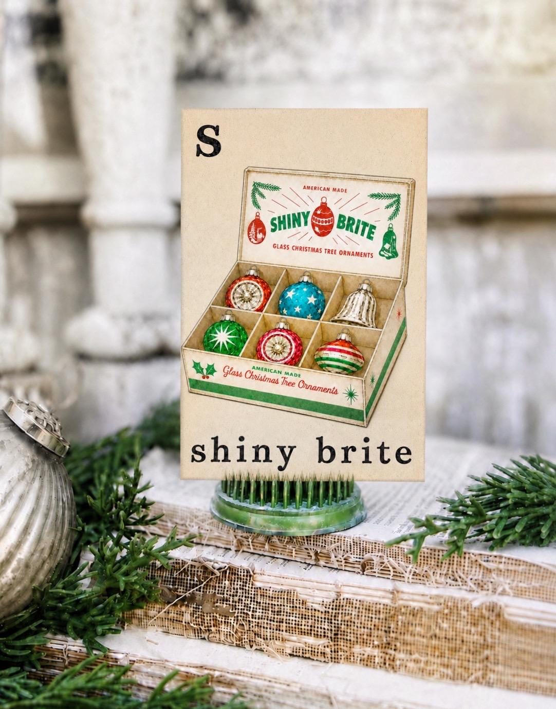 SHINY BRITE Flash Card Vintage Ornament Christmas Farmhouse Decor Party