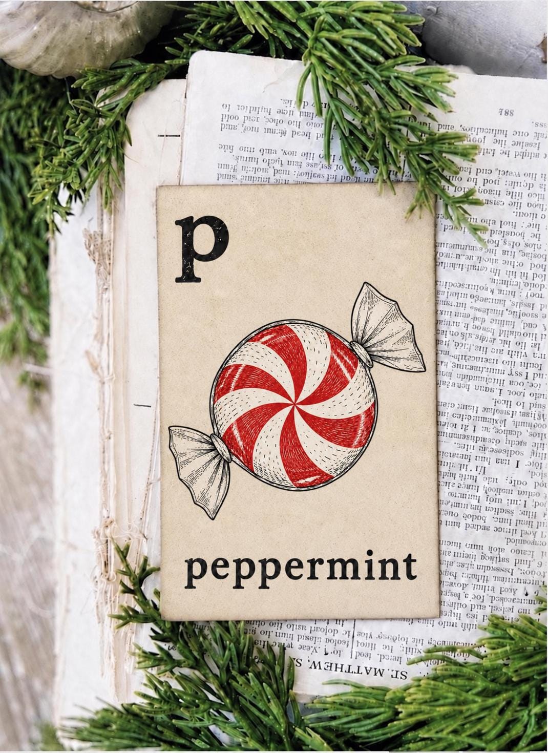 PEPPERMINT Flash Card Vintage Christmas Farmhouse Decor Party
