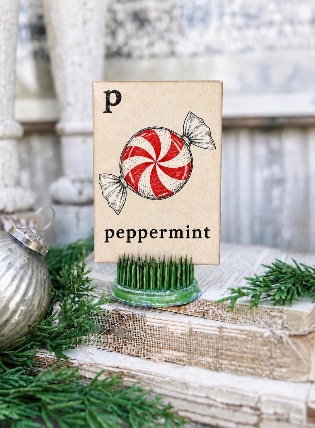 PEPPERMINT Flash Card Vintage Christmas Farmhouse Decor Party
