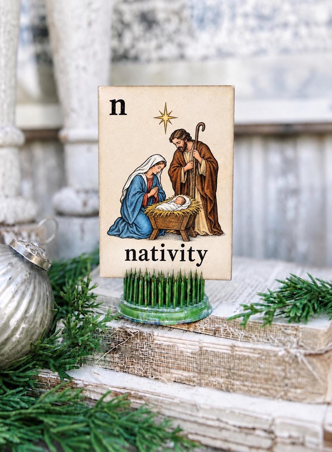 NATIVITY Flash Card Vintage Christmas Farmhouse Decor Party