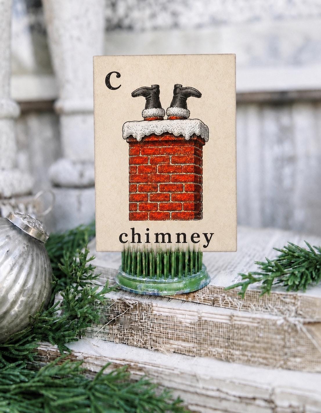 CHIMNEY Flash Card Vintage Christmas Santa Farmhouse Decor Party Sign
