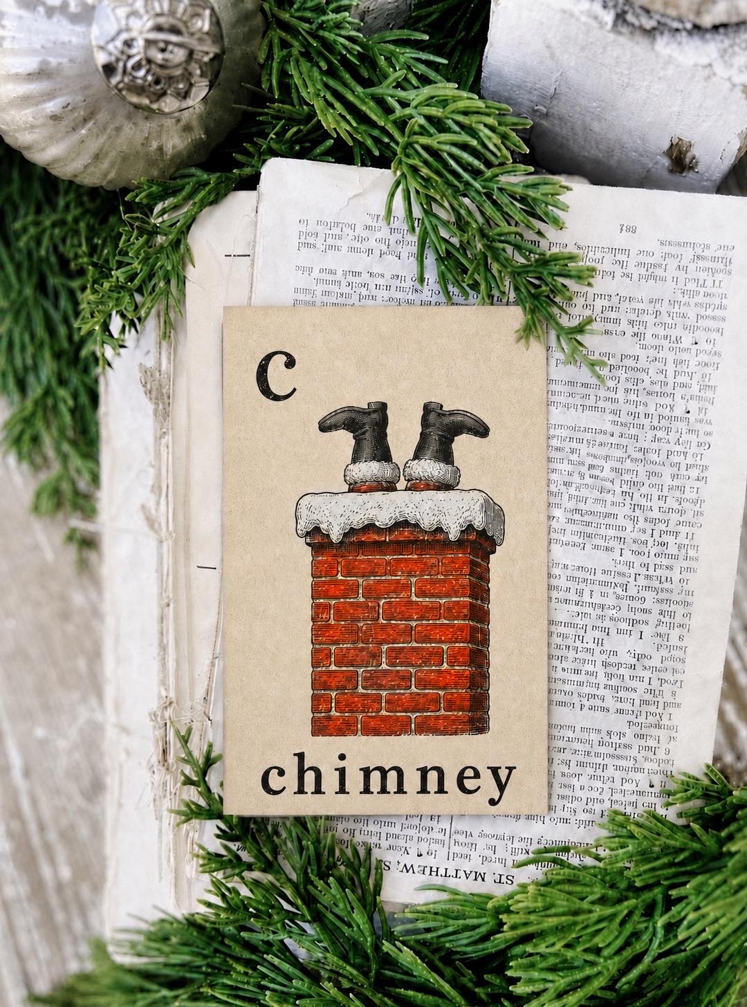 CHIMNEY Flash Card Vintage Christmas Santa Farmhouse Decor Party Sign