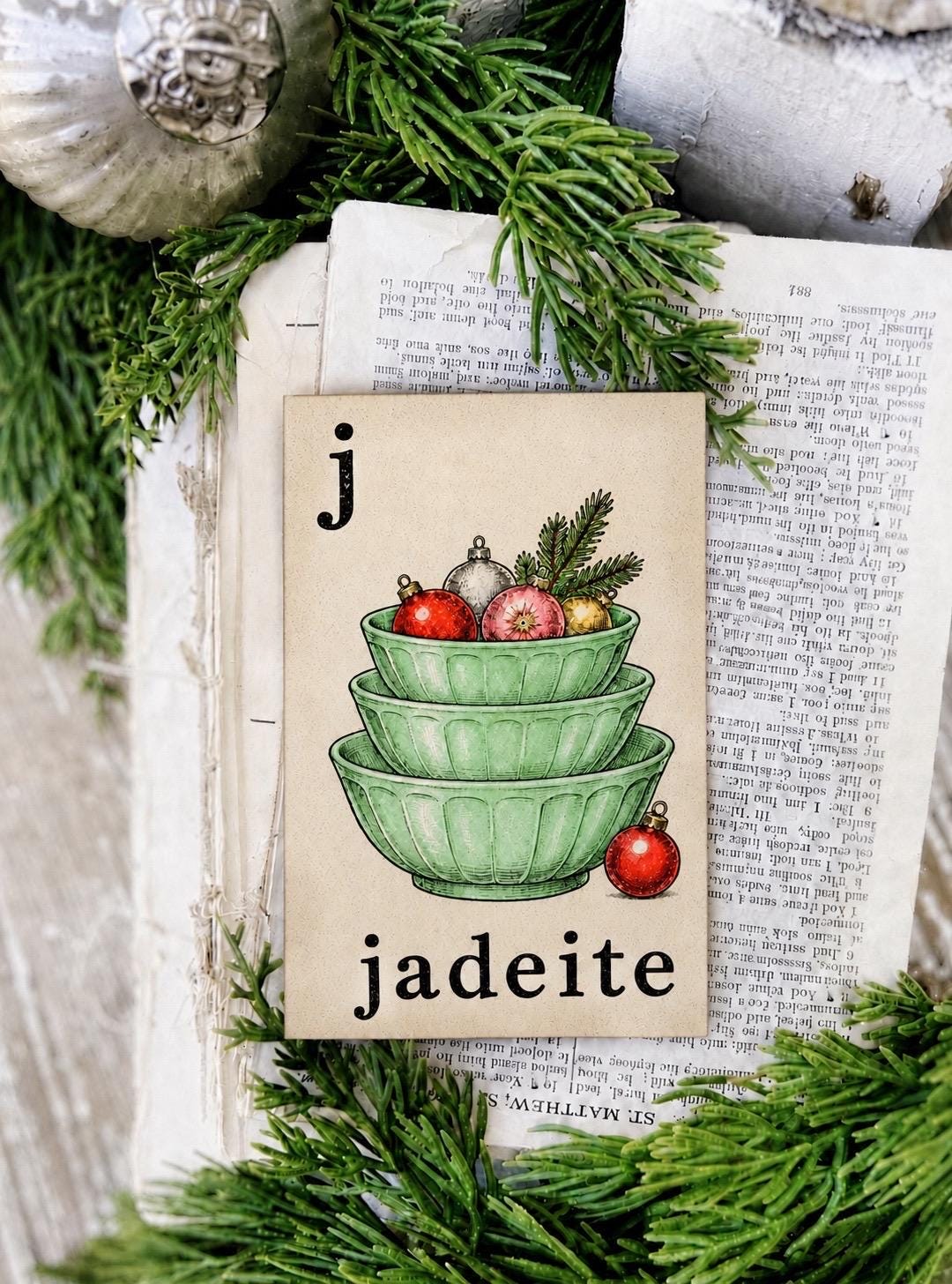 JADEITE Flash Card Vintage Christmas Santa Farmhouse Decor Party Sign
