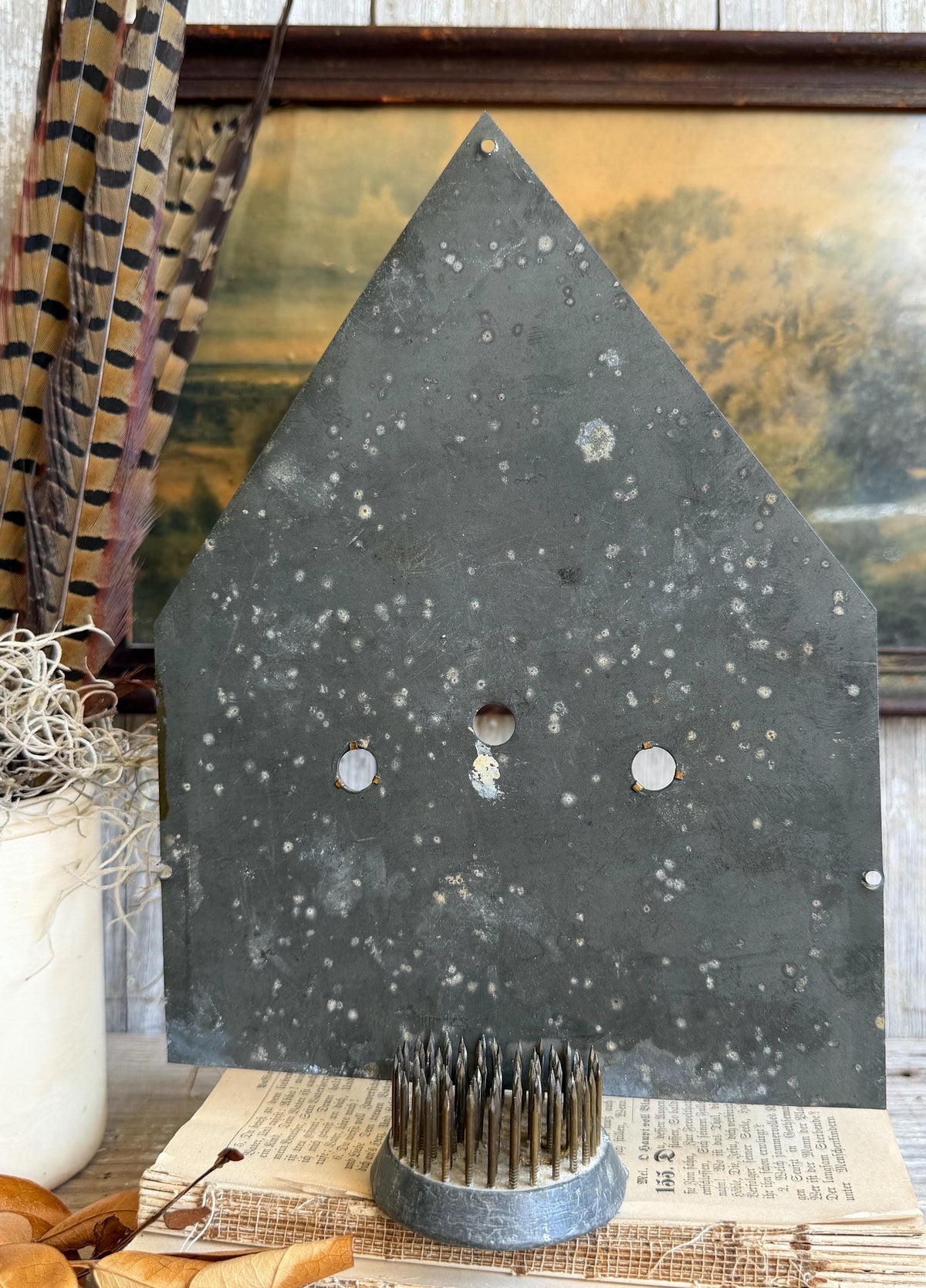 Antique Clock Face Steeple Farmhouse Decor Industrial Salvage Vintage Metal Clock Dial Painted Chippy