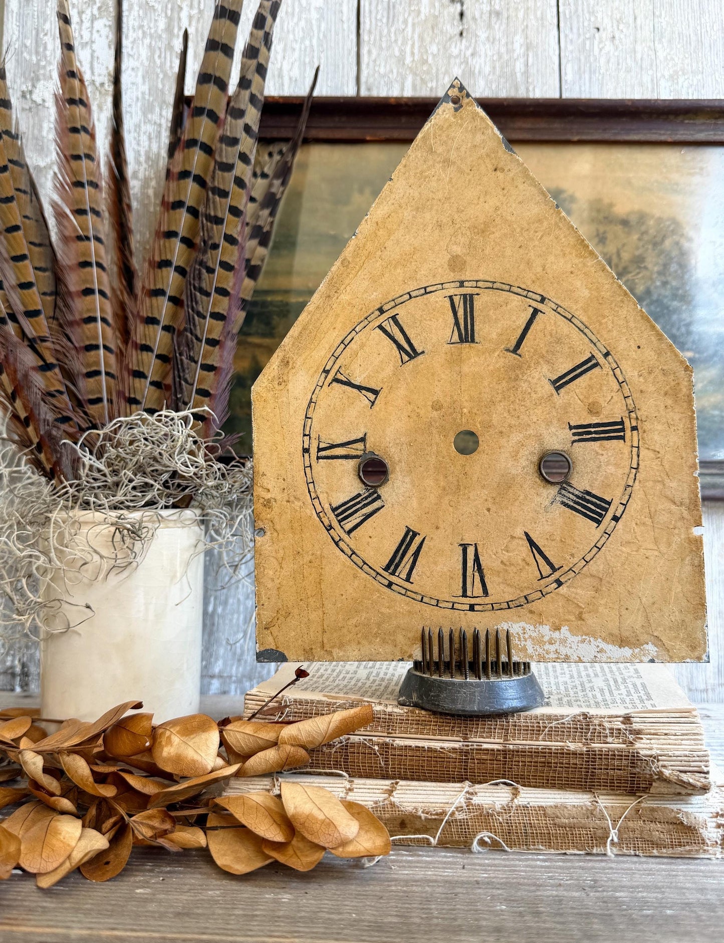 Antique Clock Face Steeple Farmhouse Decor Industrial Salvage Vintage Metal Clock Dial Painted Chippy