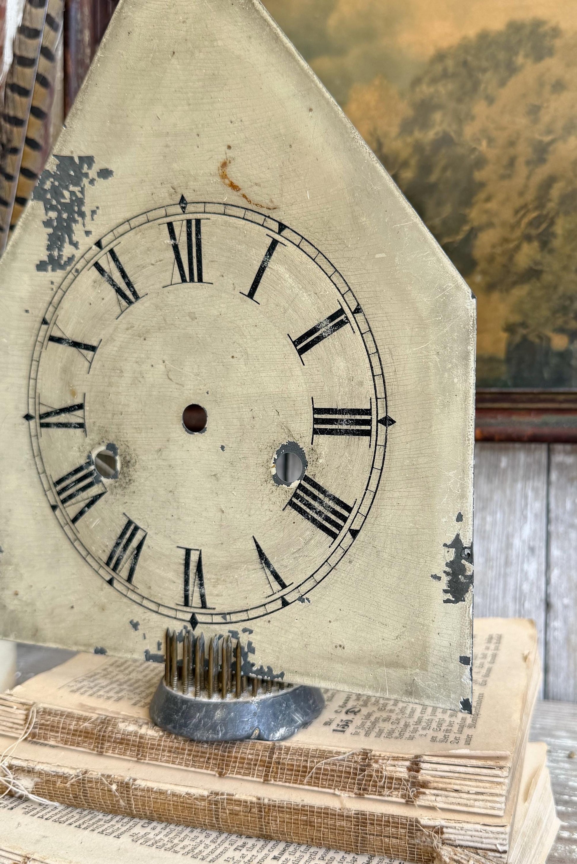 Antique Clock Face Steeple Farmhouse Decor Industrial Salvage Vintage Metal Clock Dial Painted Chippy