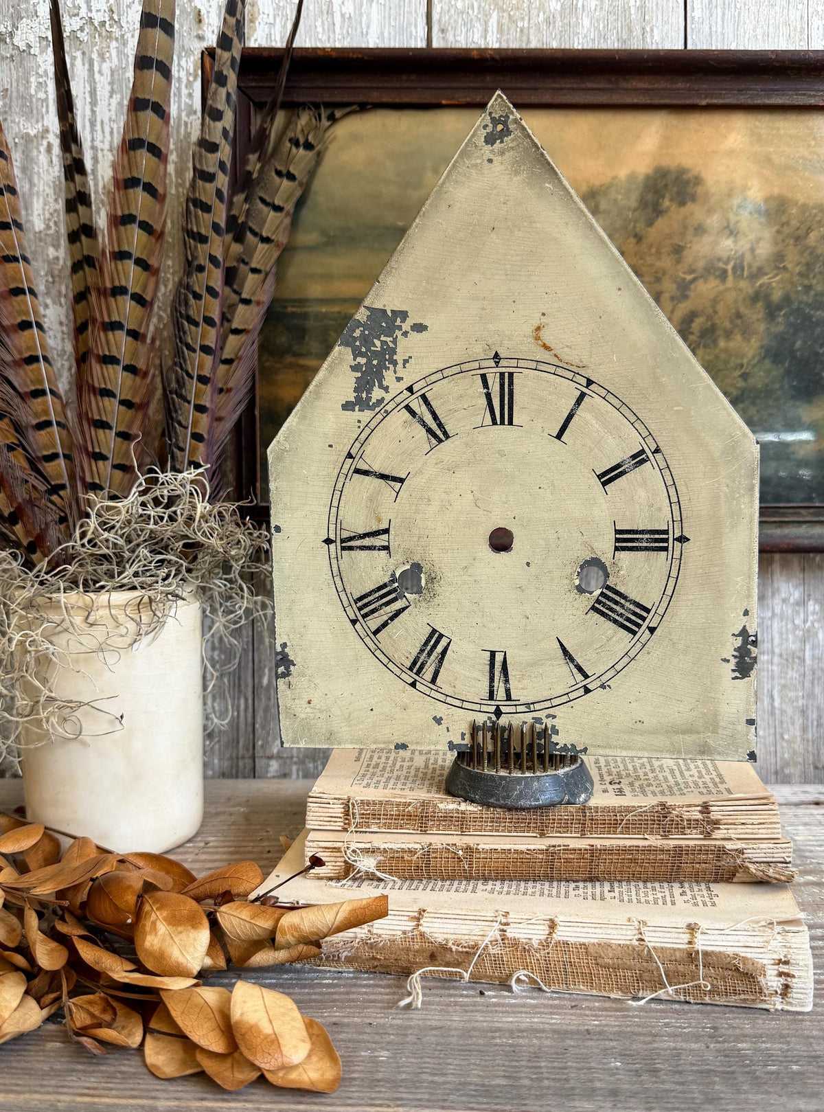 Antique Clock Face Steeple Farmhouse Decor Industrial Salvage Vintage Metal Clock Dial Painted Chippy