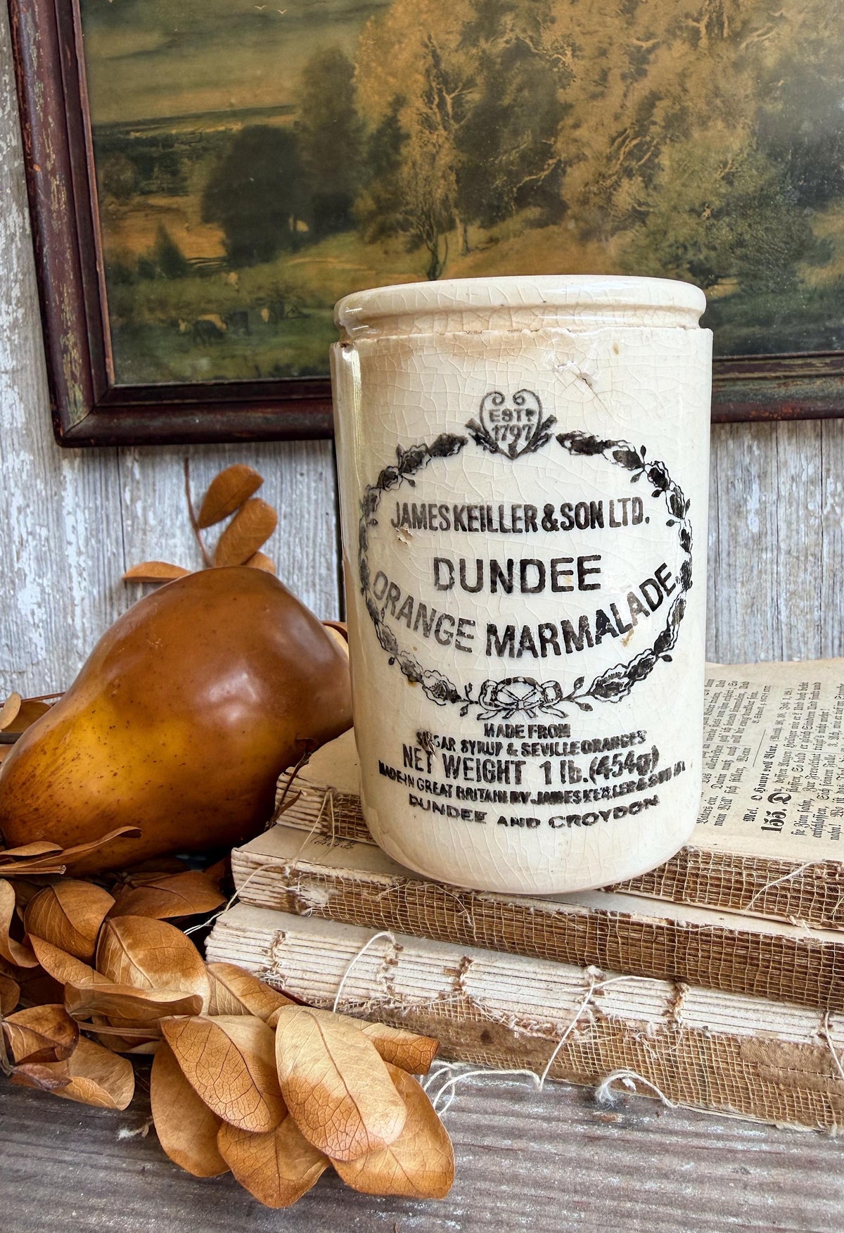 Antique Marmalade IRONSTONE Jar DUNDEE James Keiller HEART Crock Farmhouse Decor England White Black 1 Pound 1797 Maling Crazed Stained