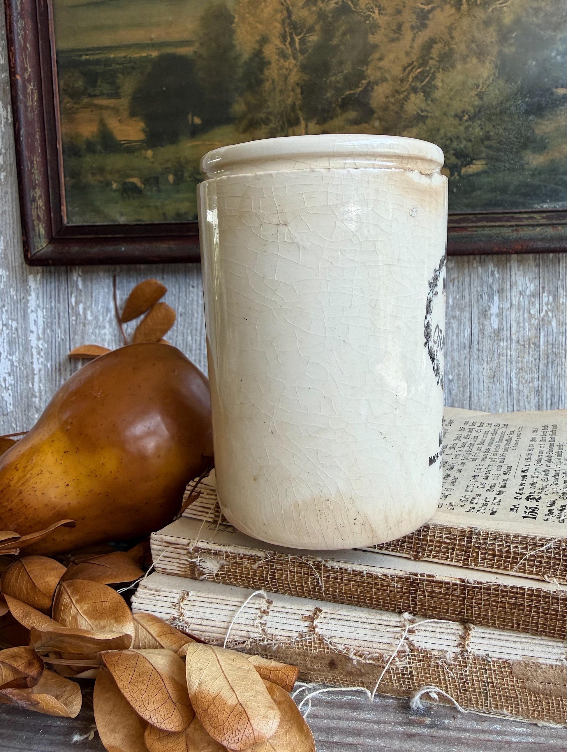 Antique Marmalade IRONSTONE Jar DUNDEE James Keiller HEART Crock Farmhouse Decor England White Black 1 Pound 1797 Maling Crazed Stained