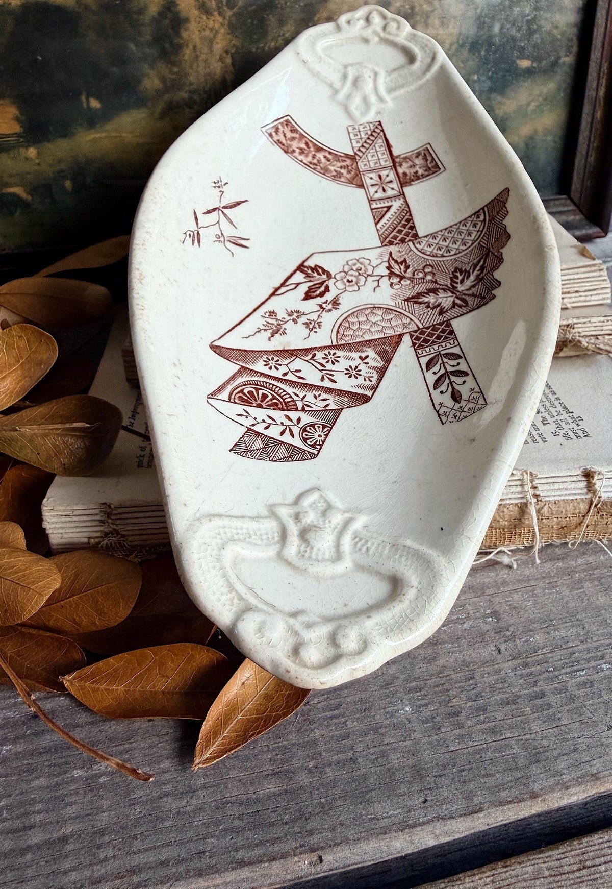 Antique Ironstone Relish Brown Transferware Stratford Soap Dish