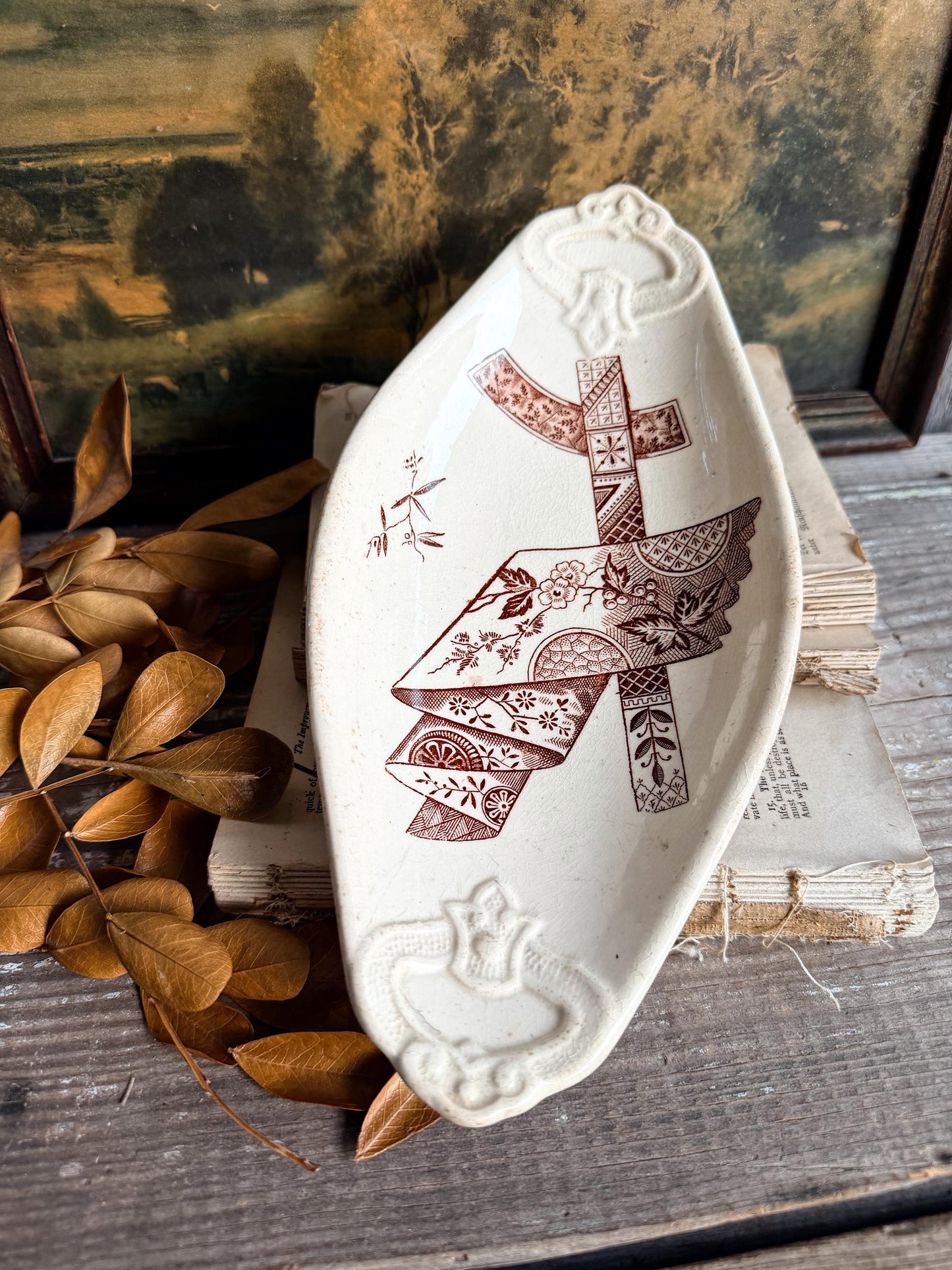 Antique Ironstone Relish Brown Transferware Stratford Soap Dish