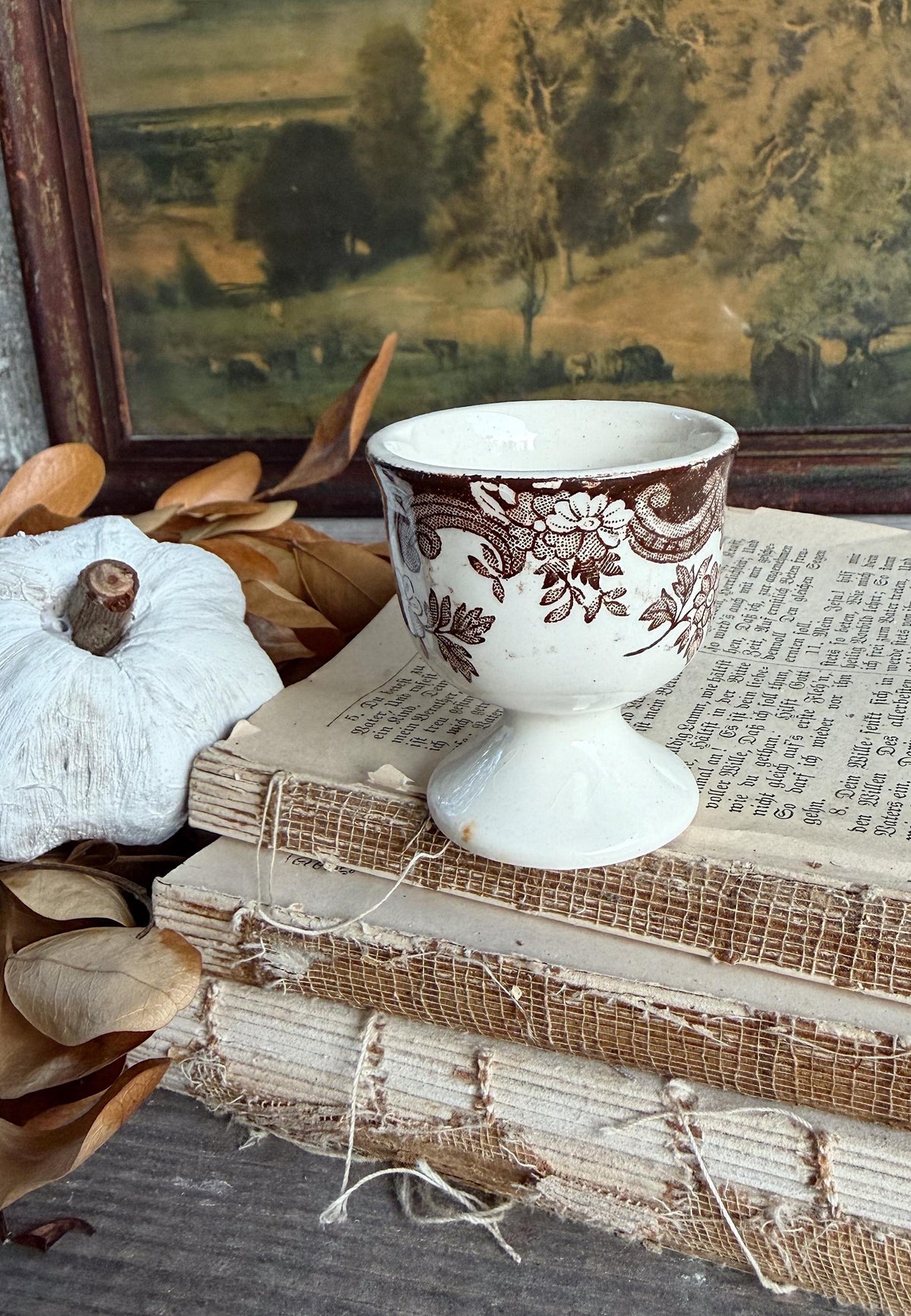 Antique Ironstone Egg Cup Brown Transferware Palissy