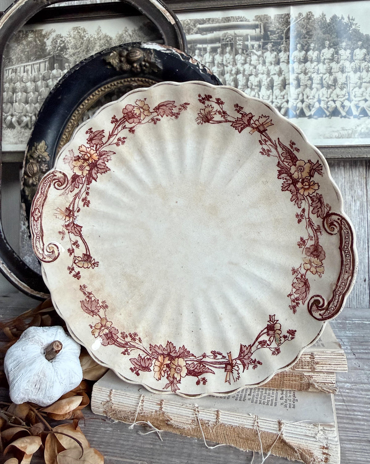 Antique T Furnival & Sons Ironstone Platter, Brown Transferware Floral