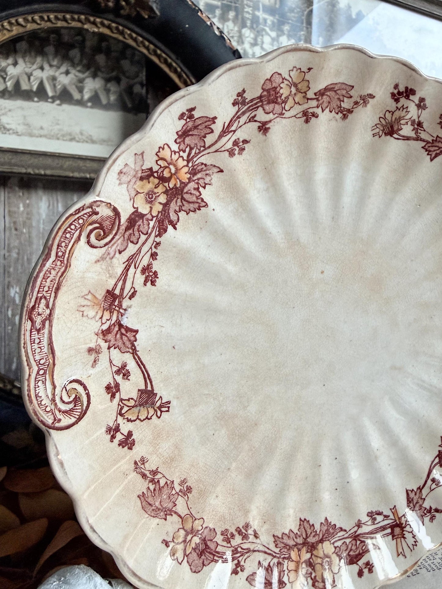 Antique T Furnival & Sons Ironstone Platter, Brown Transferware Floral