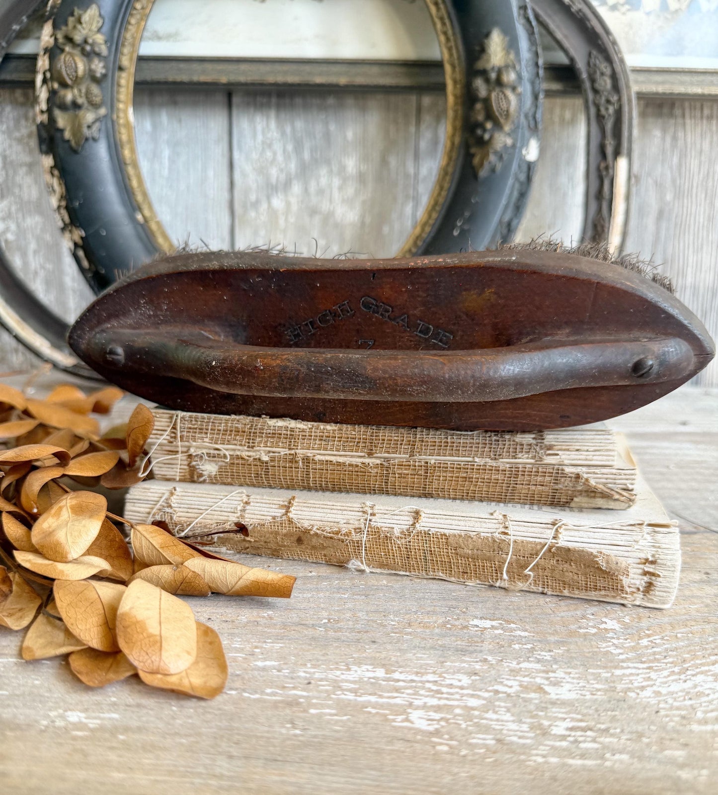 Antique Industrial Salvage Farm Brush Brown Wood Handle Farmhouse Decor
