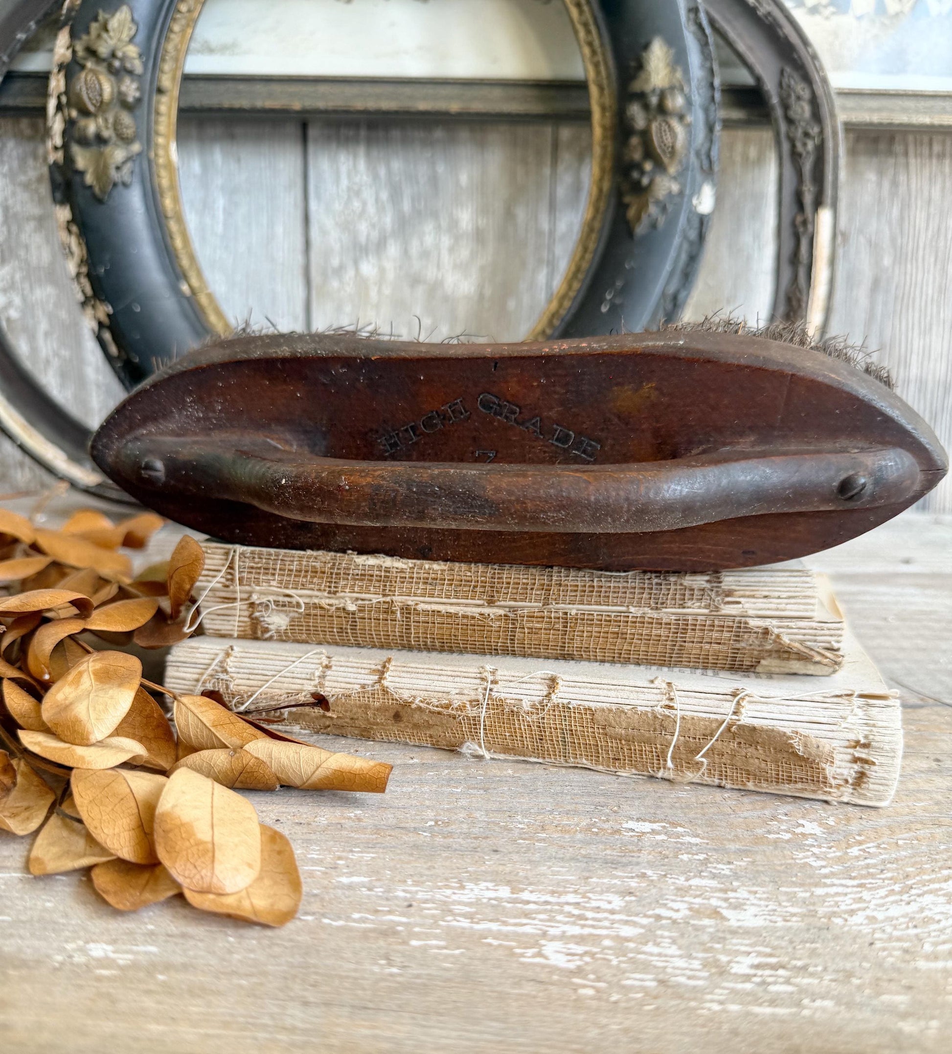 Antique Industrial Salvage Farm Brush Brown Wood Handle Farmhouse Decor