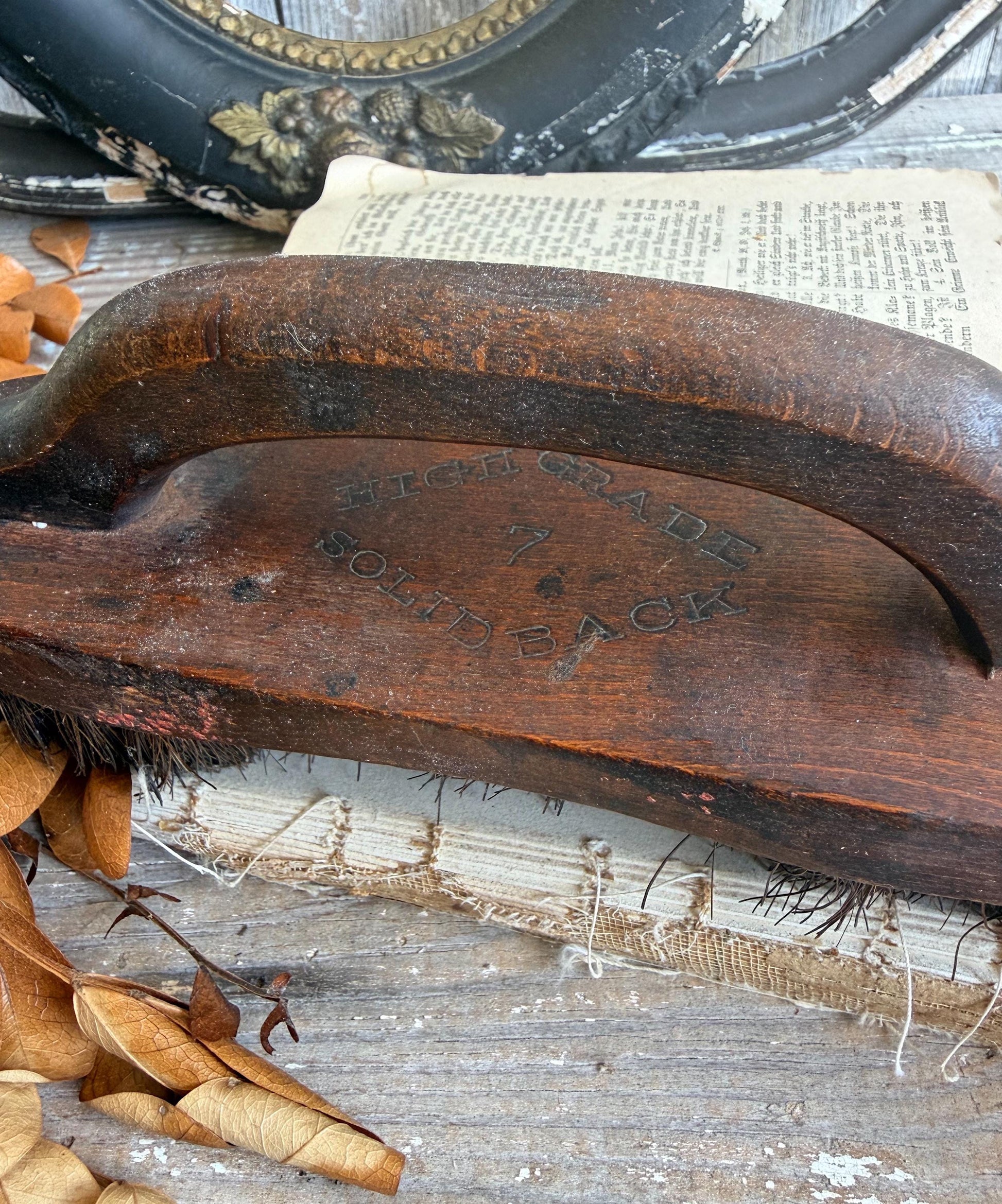 Antique Industrial Salvage Farm Brush Brown Wood Handle Farmhouse Decor