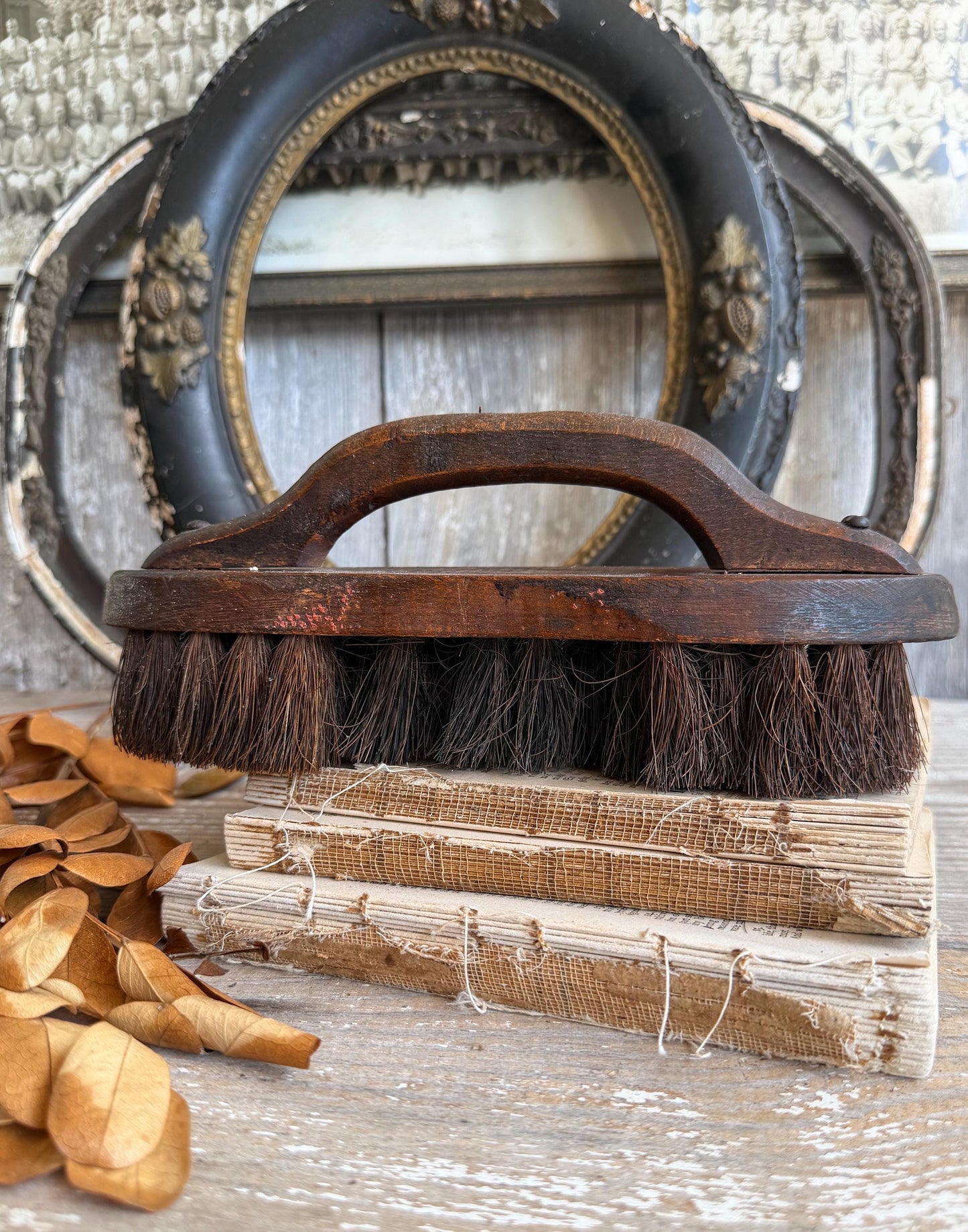 Antique Industrial Salvage Farm Brush Brown Wood Handle Farmhouse Decor