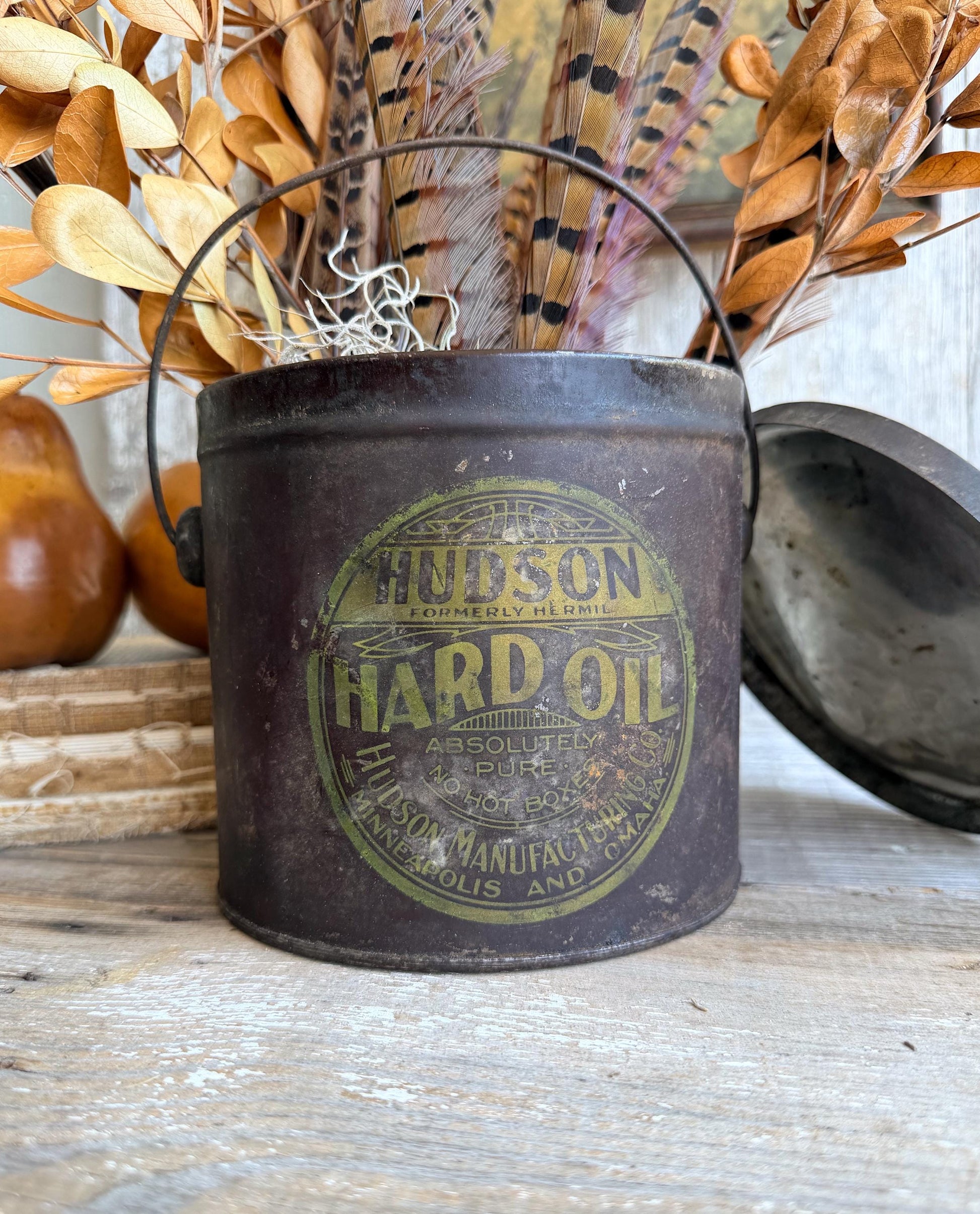 Antique Hudson Hard Oil Can Primitive Advertising Industrial
