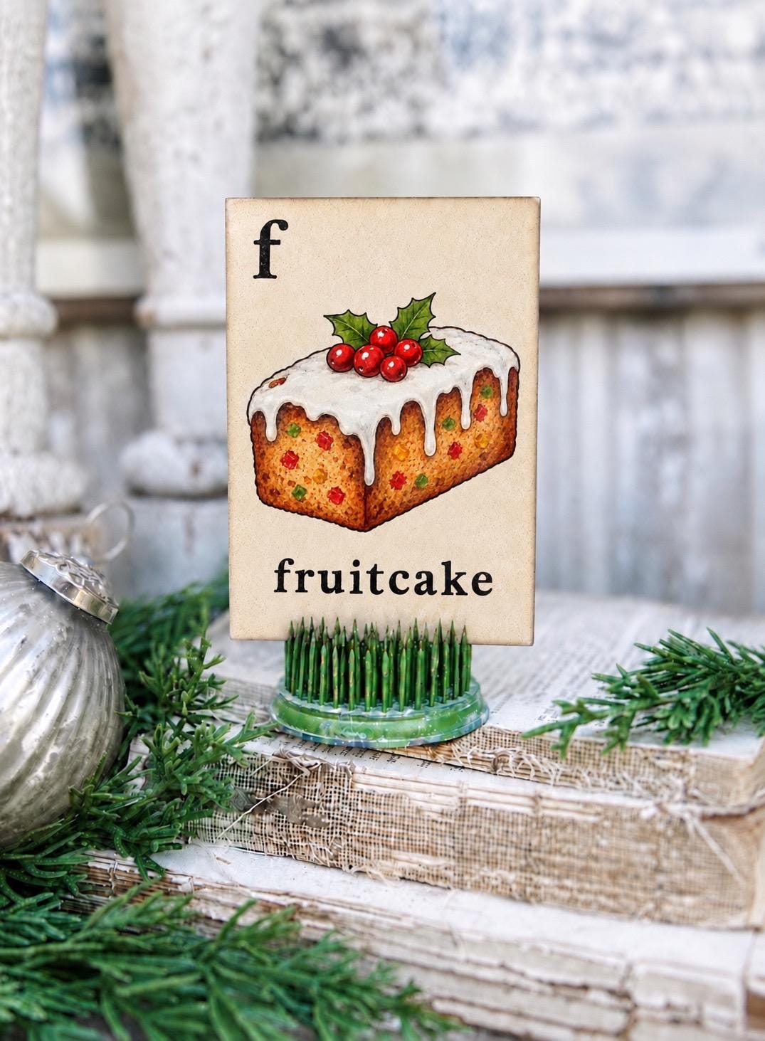FRUIT CAKE Flash Card Vintage Christmas Farmhouse Decor Party