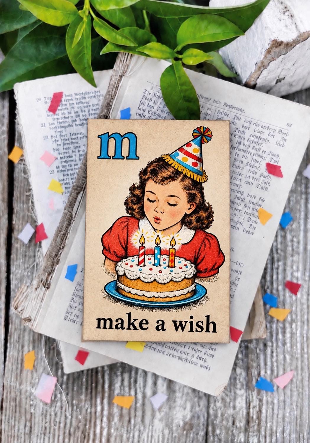 MAKE A WISH Flash Card Vintage Birthday Girl Farmhouse Decor Party