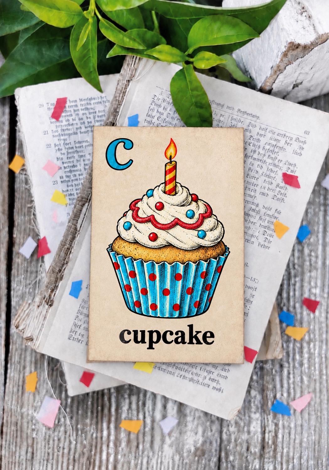 CUPCAKE Flash Card Vintage Birthday Farmhouse Decor